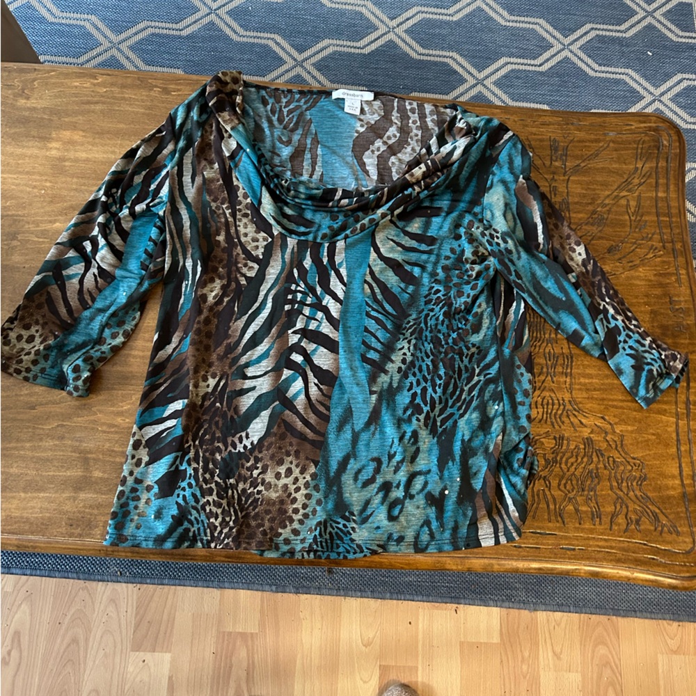 Dress Barn Teal and Brown Animal Print Blouse